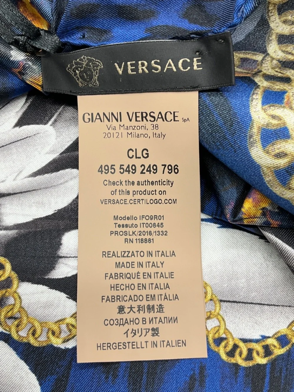 VERSACE BLUE / GOLD MULTI LEOPARD, FEATHER, AND MEDUSA MEDALLION CHAIN PRINT SQU